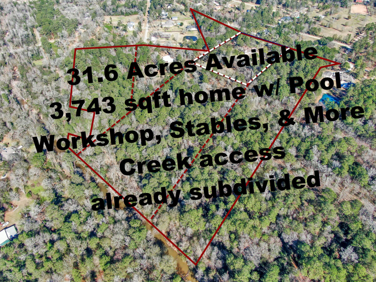 Home w/ 4.25 acres in dotted line.An aerial view of the entire 31.6 property available. Can be subdivided