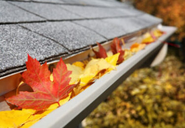 A close up of a rain gutter filled with fall leaves